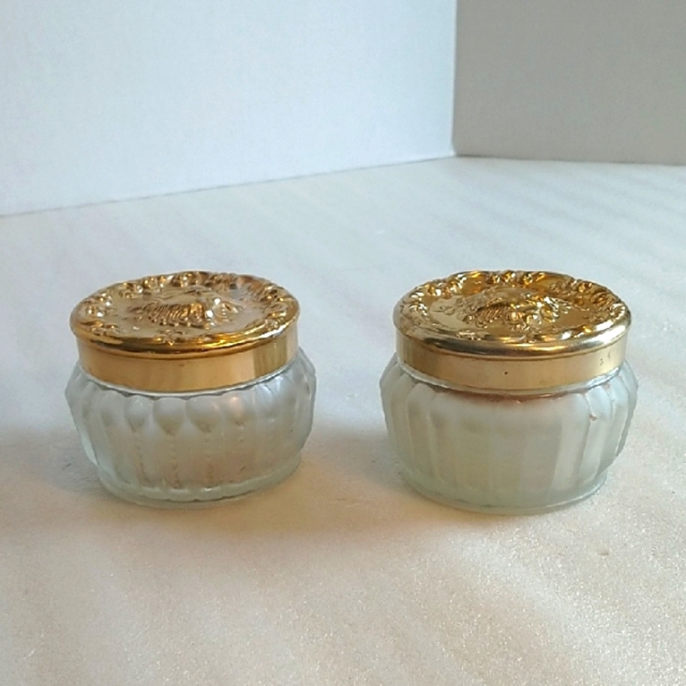 Elegant Gold and Frosted Glass Jars Empty Vintage Estee Lauder Face Powder